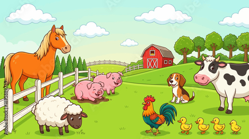 Pasture farm scene featuring a horse, piglets, sheep, cow, rooster, and ducklings near a red barn in a sunny countryside setting