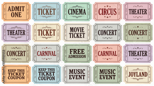 Vintage cinema and theater ticket collage featuring admit-one stubs, circus and carnival labels, and retro film tickets for nostalgic decor