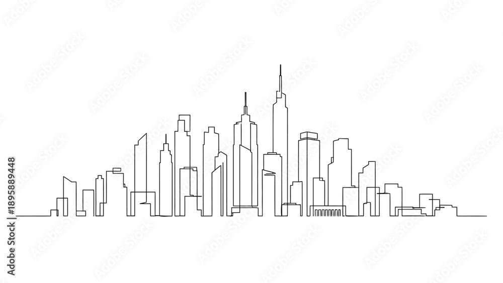 Fototapeta premium Cityscape illustration featuring modern skyscrapers and urban landscape from a distant viewpoint