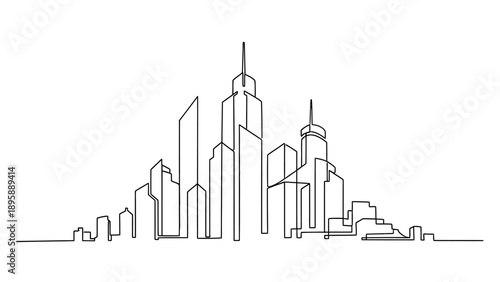 A continuous line drawing of a city skyline with tall skyscrapers and buildings in a modern urban landscape viewed from a distance