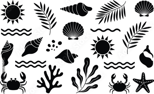 Tropicalbeachandoceanthemedvectoriconscollectionisolated