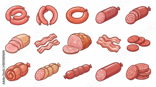 Collection of pink raw meat cuts and sausages illustrations for food branding, recipes, and barbecue design projects