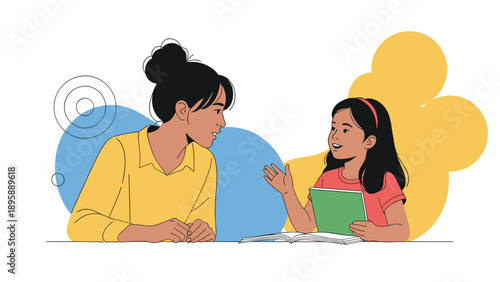 Adult woman having a friendly conversation with a young girl holding a green notebook in a bright and colorful setting.