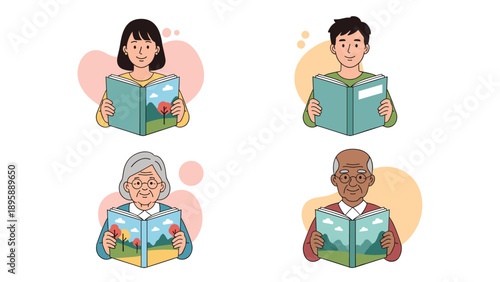 Diverse group of people including a young woman and man alongside an elderly couple all engaged in reading their books.