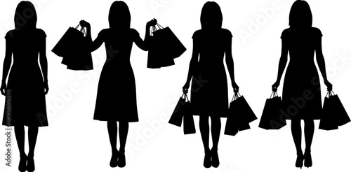 Black Silhouette of a Woman Holding Shopping Bags in Various Poses, Set of Female Shopper Icons for Retail and Fashion.