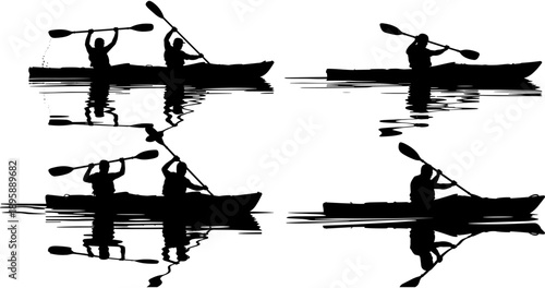 Silhouette of People Paddling Tandem and Solo Kayaks on Calm Water with Reflections, Perfect for Summer Outdoor Adventure and Tourism.