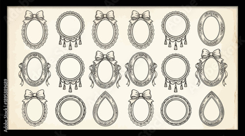 Collection of vintage circular pendant charms with ornate metalwork, arranged in rows on a beige background for jewelry design reference
