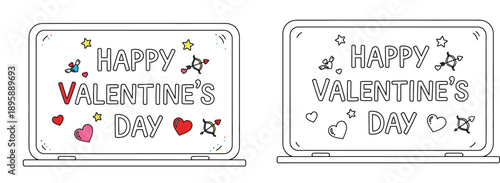 Happy Valentine's Day message on laptop screen vector illustration with coloring page outline for kids and romantic design