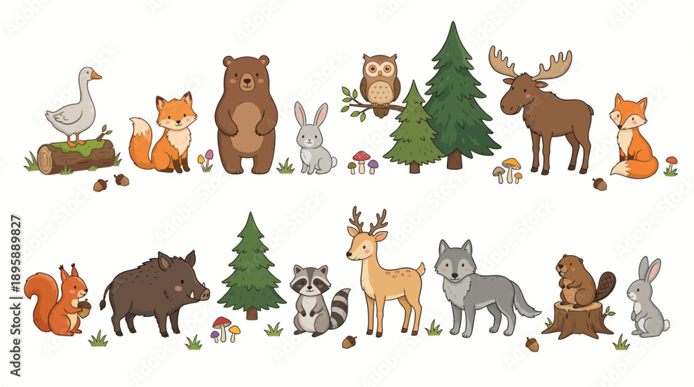 Naklejka premium Whimsical row of woodland animals in a playful cartoon forest scene featuring goose, fox, bear, rabbit, deer and moose