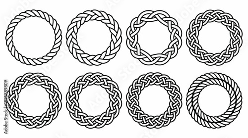 Eight braided rope ring patterns: circular rope wreaths in detailed black-and-white line art for design and decor