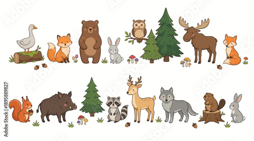 Whimsical row of woodland animals in a playful cartoon forest scene featuring goose, fox, bear, rabbit, deer and moose