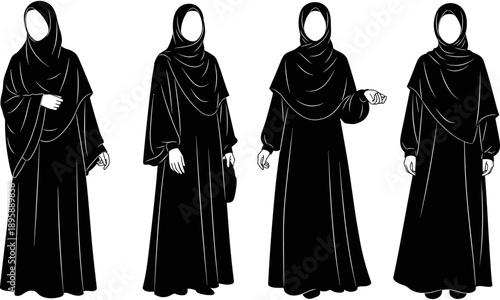 Detailed black silhouette collection of Muslim women wearing traditional abayas and hijabs in various standing and gesturing poses.