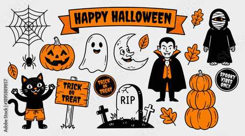 Whimsical Halloween cartoon scene featuring pumpkins, ghosts, a vampire, a mummy, the Grim Reaper, tombstones, and Trick-or-Treat signs in orange and black