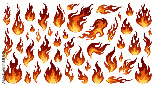Vibrant set of stylized fire flames icons for design, decoration, branding and fiery animations