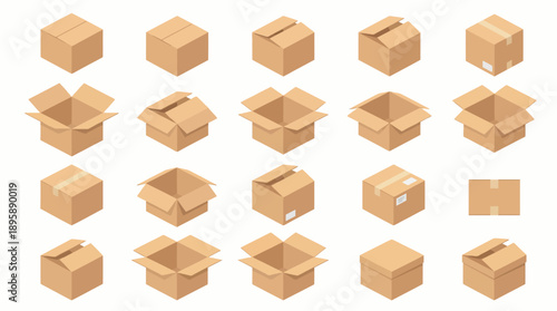 Assorted cardboard boxes in open and closed positions for packaging, shipping, and storage concepts in an isometric 3D illustration