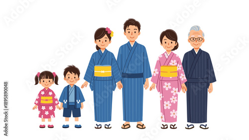 Three generations of a Japanese family including children parents and grandparents all wearing traditional yukata or kimono.