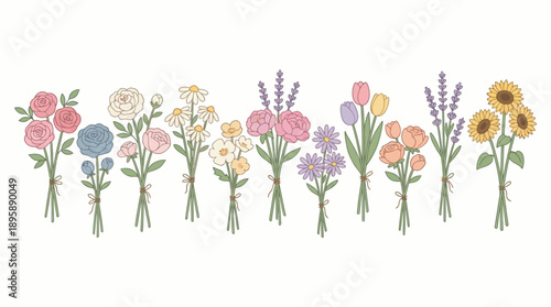 Watercolor illustration of a row of colorful wildflowers in pastel tones for botanical art and floral decor