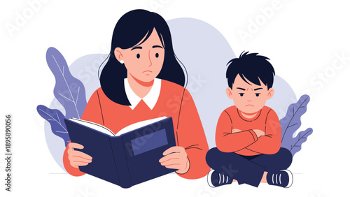 Worried woman reading a book to a grumpy young boy who has his arms crossed and an angry expression on his face.
