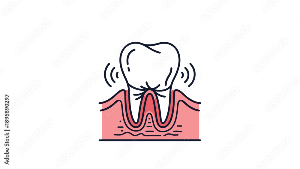 Obraz premium Anatomical diagram of a white tooth shaking and vibrating within inflamed red gums indicating dental pain or gum disease.