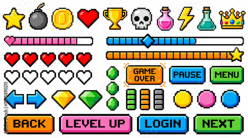 Pixel art game UI sprites set featuring health hearts, coins, potions, skulls, crowns, and control buttons (Back, Level Up, Pause, Menu, Login, Next) for RPG/platformer interfaces