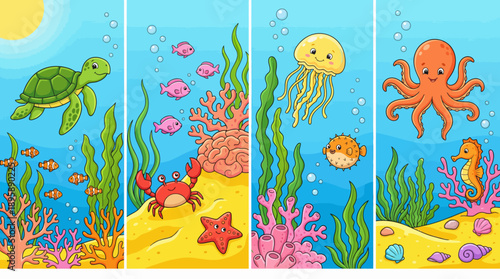 Colorful four-panel underwater reef scene with sea turtle, jellyfish and octopus among vibrant corals