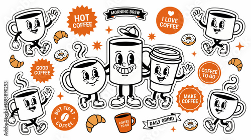 Whimsical hand-drawn coffee cup characters with hot coffee and playful slogans, a bright doodle-style illustration for branding, posters, and social media assets