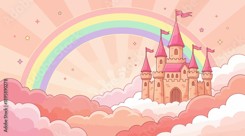 Pastel floating castle among pink clouds with rainbow and sunburst, a magical fairy tale illustration for kids