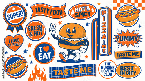 Vibrant blue-and-orange doodle collage of fast-food icons, featuring burgers, hot dogs, fries and snack badges on a clean white background