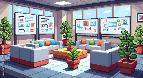 Modern office interior with pixel art design and digital screens