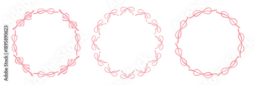 Circle frames with pink bows set. Design elements for greeting card, invitation, poster, banner, gift certificate. Isolated vector illustration