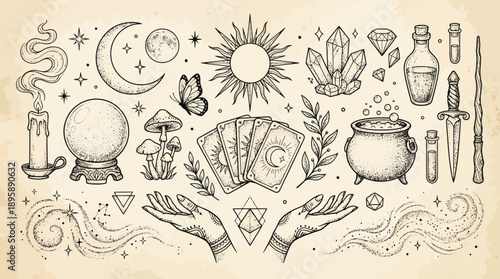 Vintage mystical illustration featuring moon, sun, crystals, potions, wand, and cauldron in a celestial alchemy and witchcraft theme