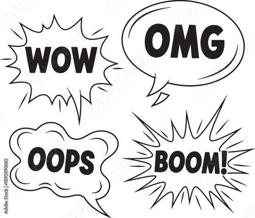 Comic speech bubbles with WOW, OMG, Oops, BOOM! for mockup or overlay effect, vector illustration isolated PNG with Transparent Background