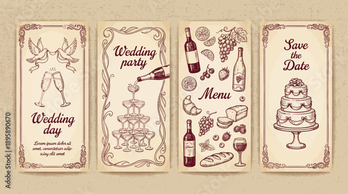 Set of four vintage wedding invitation cards featuring hand-drawn florals, cake motifs, and menu/save-the-date designs