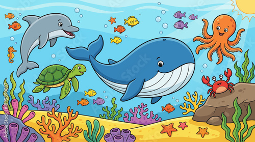 Colorful underwater scene with a blue whale, a dolphin, sea turtles, an orange octopus, tropical fish, and a vibrant coral reef.