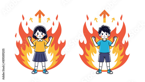 Motivated boy and girl standing with clenched fists and a determined expression in front of rising orange flames.