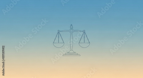 Outline illustration of a justice scale representing law and balance on a soft blue and orange gradient background