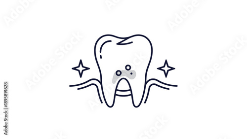 Line art illustration of a human tooth with dental caries surrounded by sparkles to represent the importance of oral hygiene and professional care.
