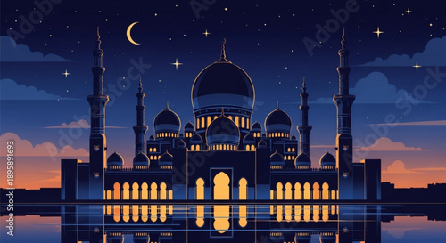 Majestic mosque illuminated at night with crescent moon and stars reflecting in calm water symbolizing Islamic culture and spirituality