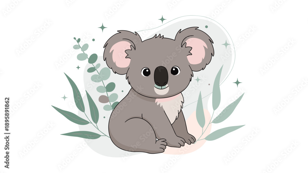 Fototapeta premium Adorable grey koala bear sitting peacefully surrounded by green eucalyptus leaves in a charming nature illustration.