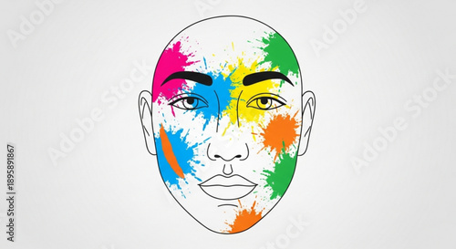 Abstract face with colorful paint splatters representing creativity and artistic expression ideal for beauty and design concepts