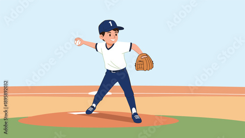 Energetic young boy in a baseball uniform pitching a ball on a green field during a sunny sports game outdoors.