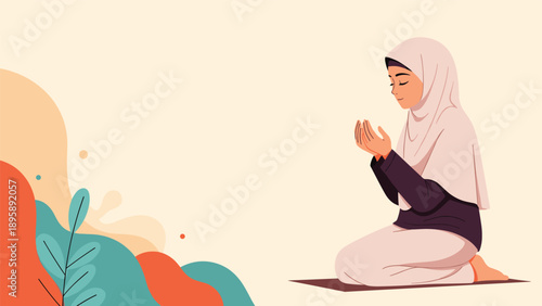 Graceful muslim woman in a hijab and purple dress kneeling in prayer with an artistic colorful background design.