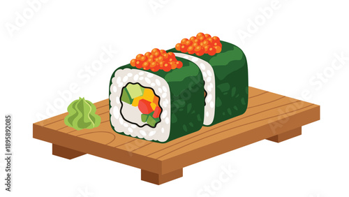 Delicious salmon sushi rolls topped with fish roe served on a wooden board with a dollop of wasabi on the side.