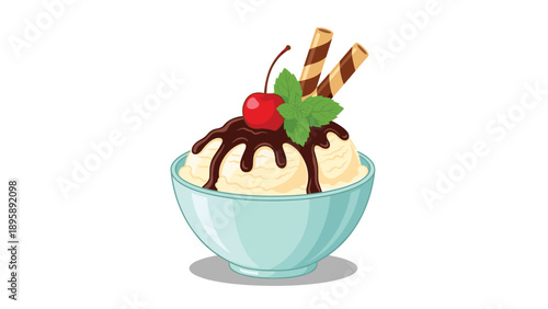 Creamy vanilla ice cream in a blue bowl topped with chocolate syrup a cherry and wafer sticks for a sweet treat.