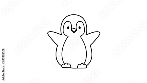 Simple and adorable little penguin with wings outstretched in a charming line art illustration for young children to color.