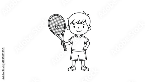 Sporty young boy standing and holding a tennis racket and ball ready for a fun match on the court outdoors.