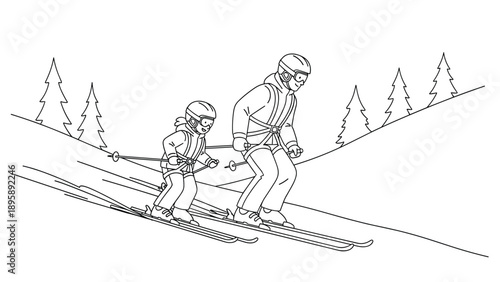 Adult and child skiing down a snowy mountain slope together during a fun winter vacation at a professional ski resort.