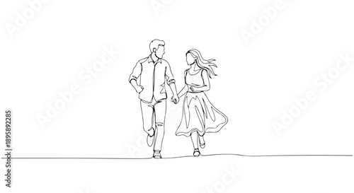 Continuous line drawing of a couple holding hands and running together, symbolizing unity and shared journey