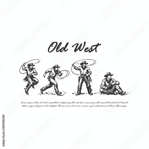 Vintage Retro Style Cowboy Character Set with Lasso Rope Action and Rodeo Skills