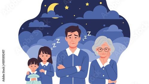Tired multi-generational family members suffering from severe insomnia or sleep deprivation standing against a dark cloudy night sky with stars.
